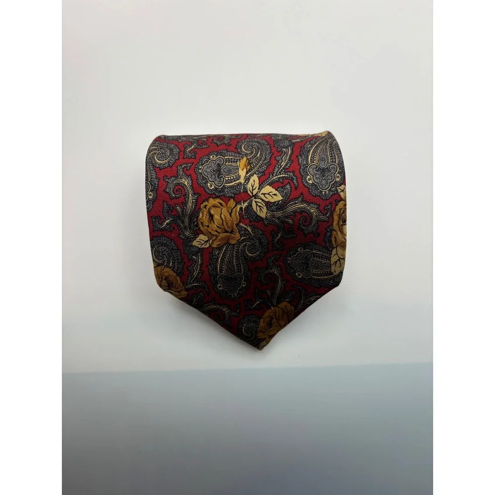 Jacobs Roberts Ltd Mens Silk Necktie Red Gold Floral Paisley Rose Print Tie
